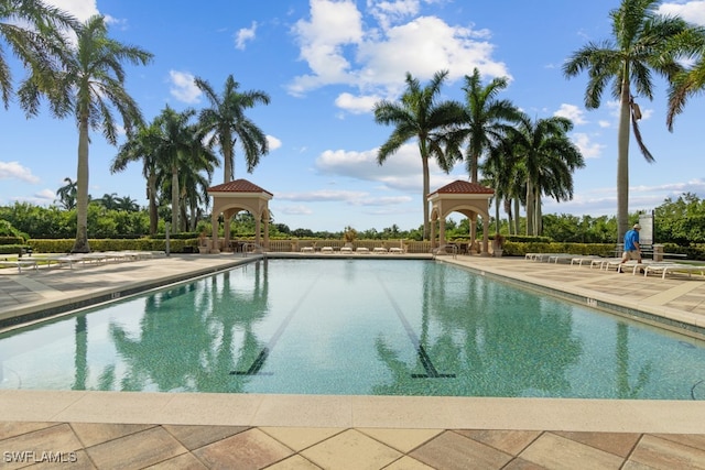 view of pool featuring a gazebo and a patio