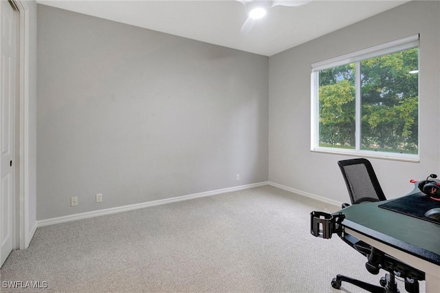 office space featuring carpet floors, ceiling fan, and baseboards