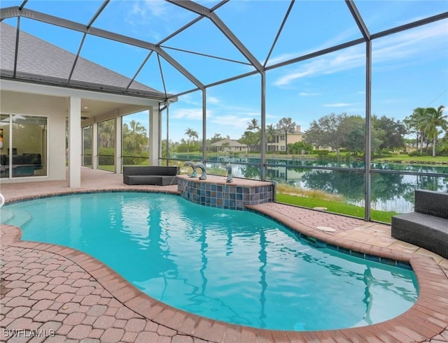 view of swimming pool with a lanai, a water view, an in ground hot tub, and a patio