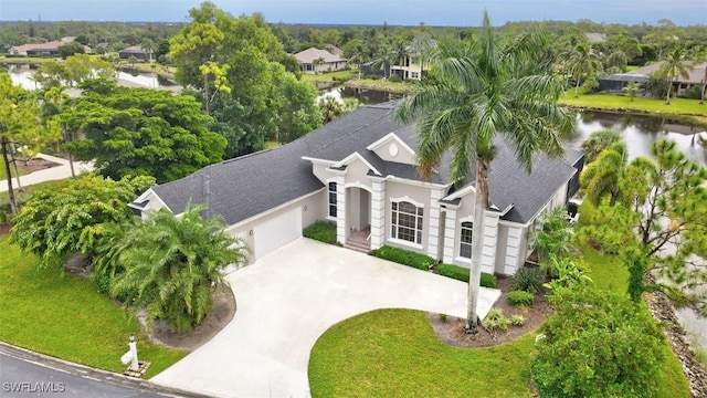 aerial view featuring a water view