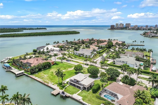 drone / aerial view with a water view