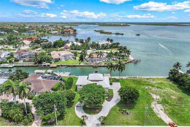 bird's eye view with a water view