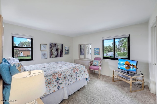 carpeted bedroom featuring multiple windows