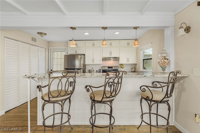 kitchen with a peninsula, white cabinetry, appliances with stainless steel finishes, light stone countertops, and pendant lighting