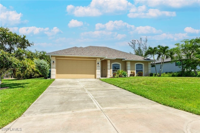 ranch-style home featuring a garage and a front lawn