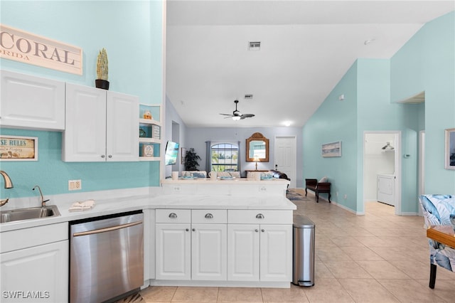 kitchen featuring ceiling fan, white cabinetry, dishwasher, sink, and kitchen peninsula