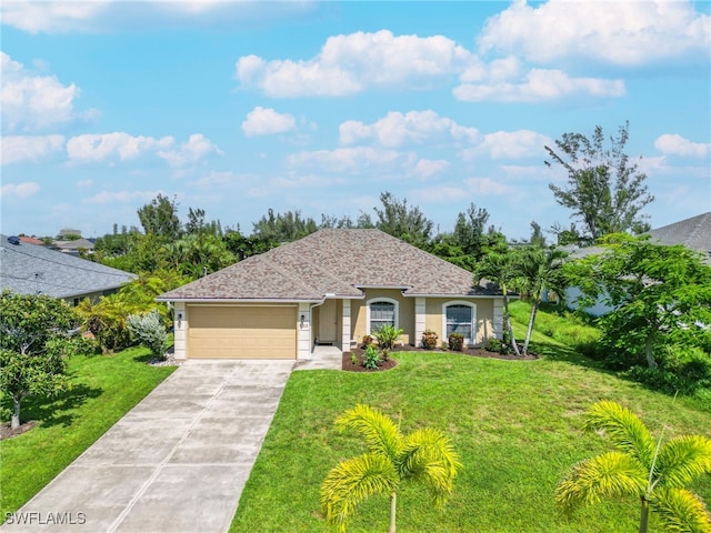 single story home featuring a garage and a front lawn