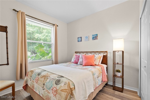 bedroom with light hardwood / wood-style flooring and multiple windows