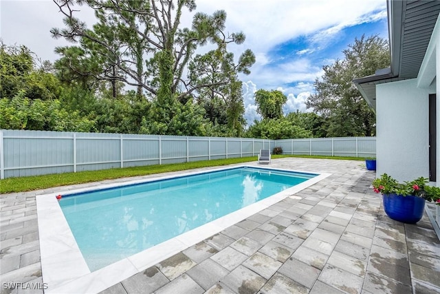 view of pool featuring a patio, a fenced backyard, and a fenced in pool