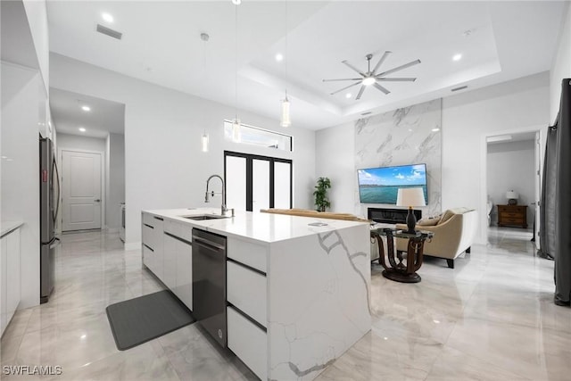 kitchen featuring dishwashing machine, modern cabinets, a tray ceiling, and a sink