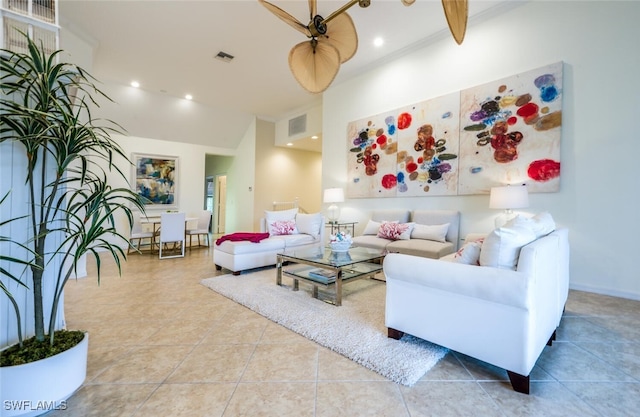 tiled living room featuring ceiling fan