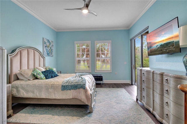 bedroom featuring ornamental molding, ceiling fan, baseboards, and wood finished floors