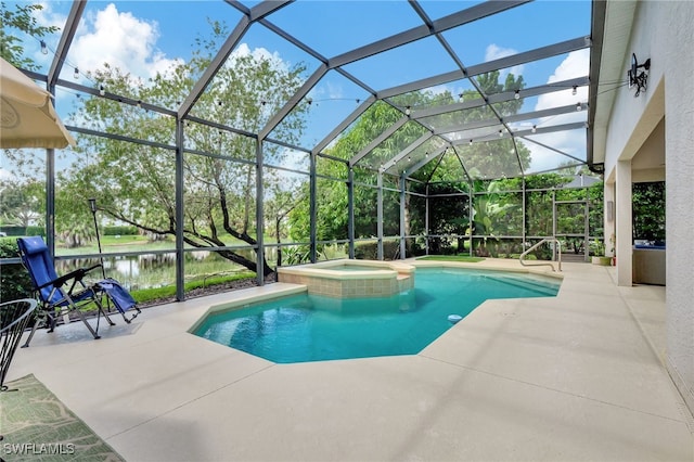 view of pool with a water view, glass enclosure, a patio, and an in ground hot tub