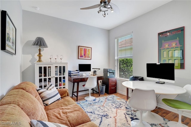 office featuring ceiling fan and wood-type flooring