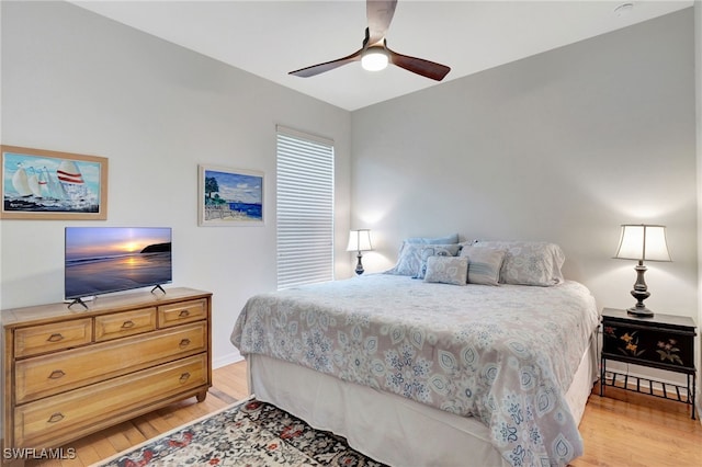 bedroom featuring light wood-type flooring and ceiling fan