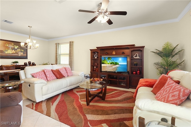 tiled living room with ceiling fan with notable chandelier and ornamental molding