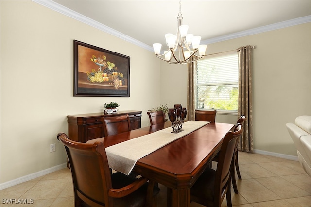 tiled dining room with crown molding and an inviting chandelier