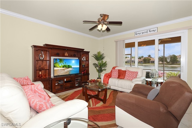 living room featuring ceiling fan and crown molding