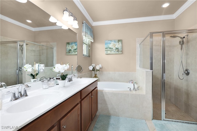 bathroom featuring crown molding, shower with separate bathtub, and vanity