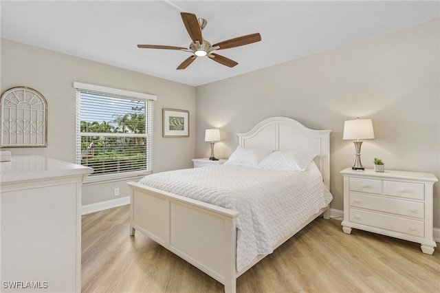 bedroom featuring light wood-type flooring, ceiling fan, and baseboards