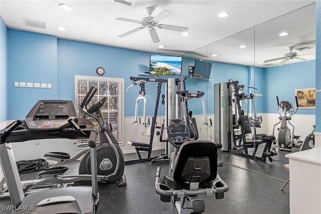 gym featuring ceiling fan