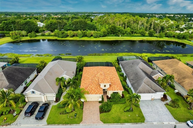 drone / aerial view featuring a water view