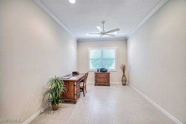 tiled office with ceiling fan and ornamental molding