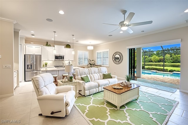 tiled living room featuring ceiling fan and crown molding