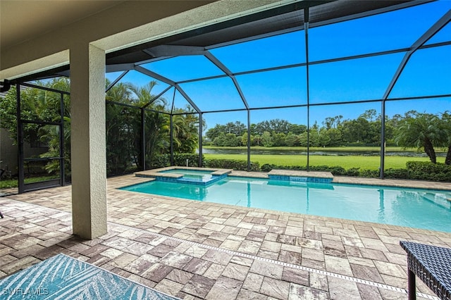 view of swimming pool with a lanai, an in ground hot tub, and a patio