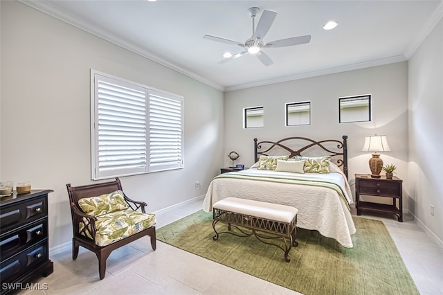 tiled bedroom featuring ceiling fan and crown molding