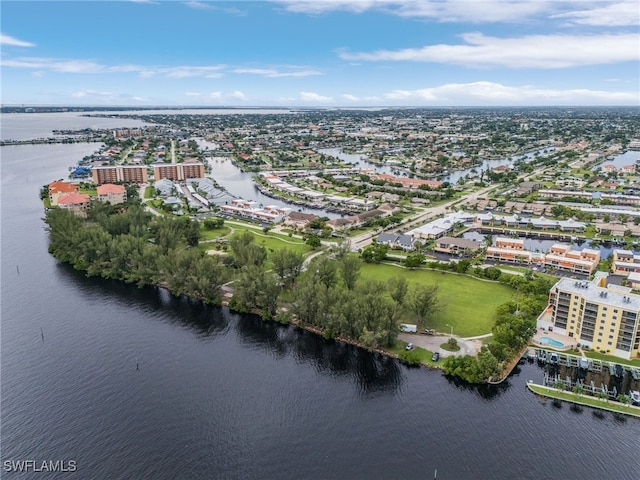 bird's eye view with a water view