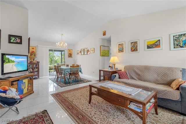 living room with light tile patterned floors, vaulted ceiling, and a notable chandelier