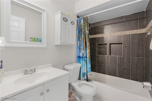 full bathroom with shower / tub combo, vanity, and toilet