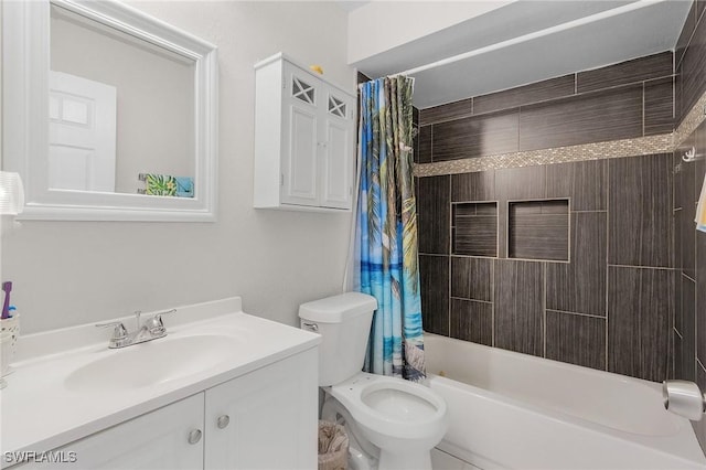 full bath featuring shower / bath combination with curtain, vanity, and toilet