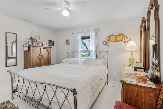 bedroom with a ceiling fan, visible vents, and baseboards