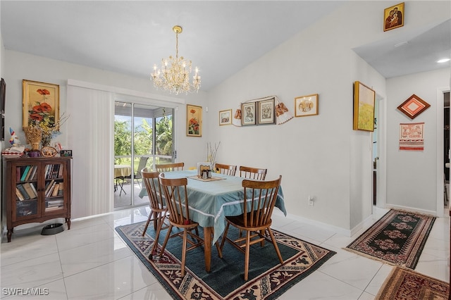 dining space featuring light tile patterned flooring, vaulted ceiling, and a chandelier