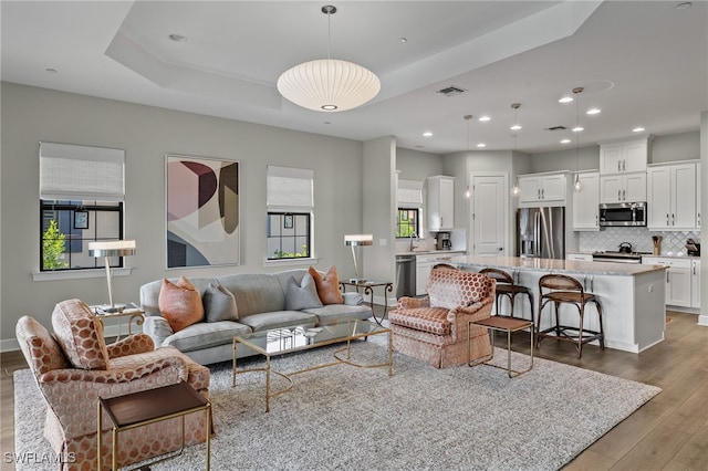 living room with a tray ceiling, sink, and hardwood / wood-style flooring