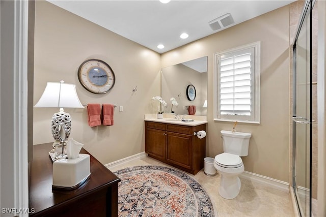 bathroom with recessed lighting, vanity, visible vents, baseboards, and tile patterned floors