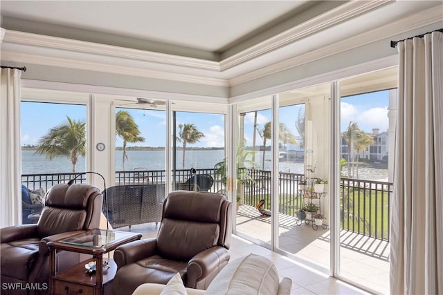 sunroom with a water view and plenty of natural light