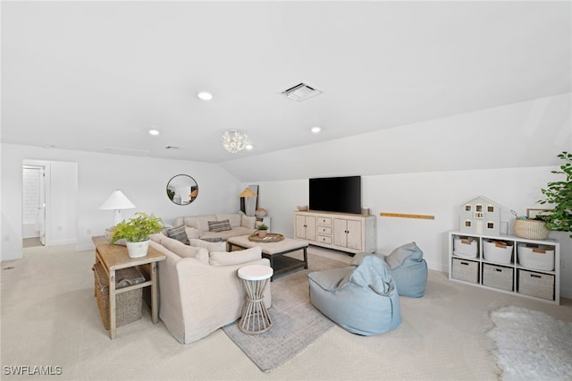 living room featuring vaulted ceiling and light carpet