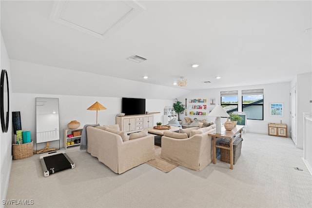 living room with light carpet and lofted ceiling