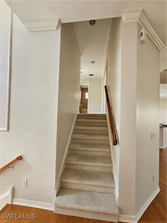 stairs with ornamental molding and wood-type flooring