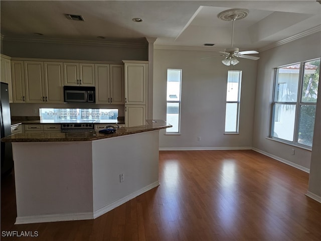 kitchen with dark stone countertops, hardwood / wood-style floors, stainless steel appliances, ceiling fan, and ornamental molding