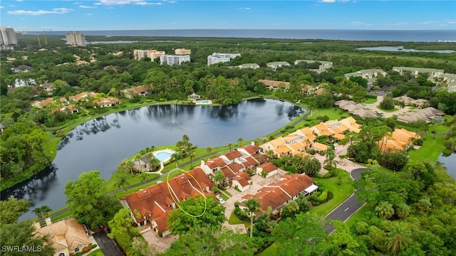 drone / aerial view featuring a water view