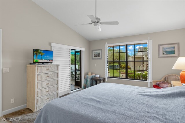 carpeted bedroom featuring ceiling fan, multiple windows, access to exterior, and lofted ceiling