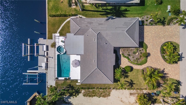 drone / aerial view featuring a water view