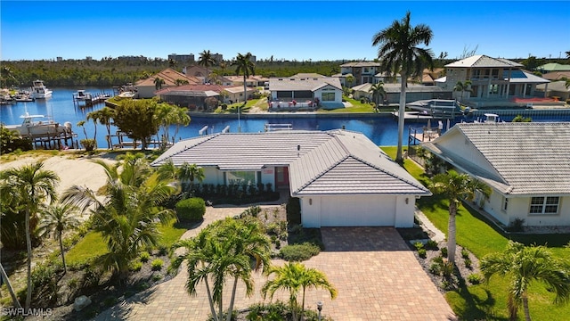 drone / aerial view featuring a water view