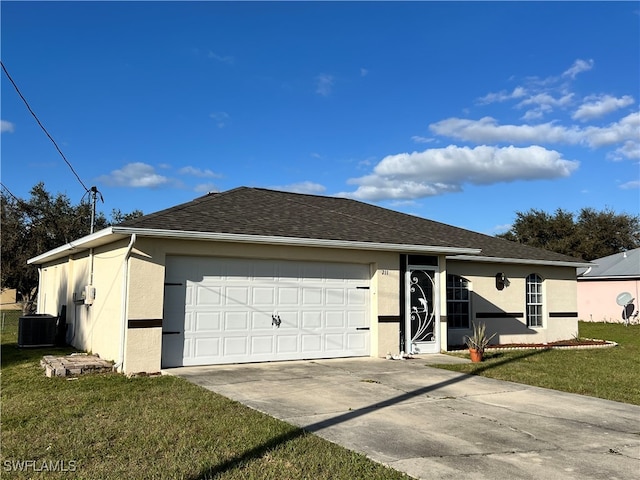 ranch-style house with central AC and a front lawn