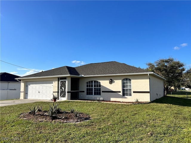 single story home with a garage and a front lawn