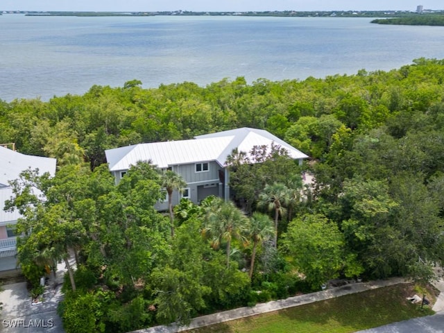 drone / aerial view featuring a water view and a forest view